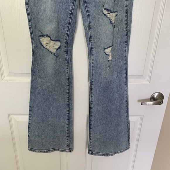 Maurices Flare Denim Flex High Rise Blue Jeans Size 10 XLong Distressed NWT - Picture 3 of 11